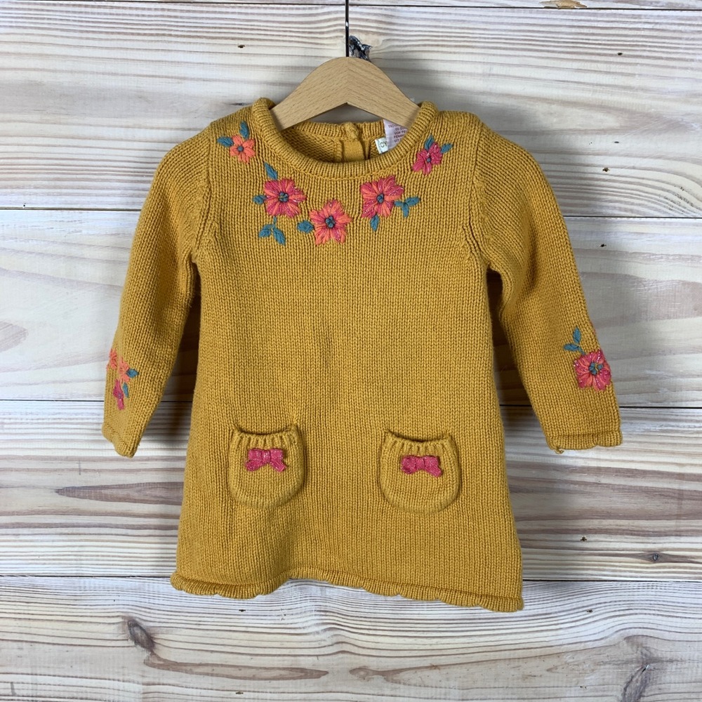Cynthia Rowley Sweater Dress Girls 6-9M Yellow Floral Embroidered Knit Pocket